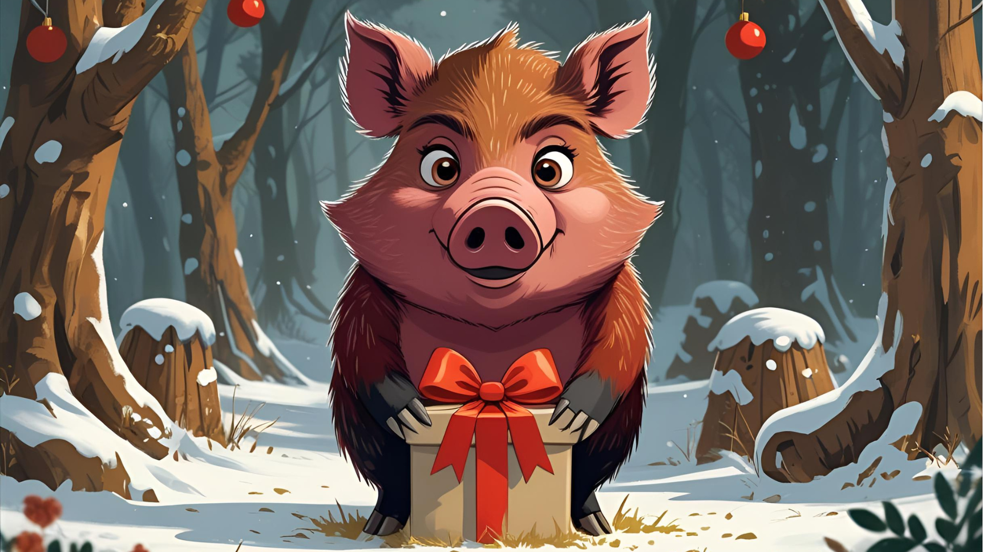 Ein Wildschwein steht im Winterwald vor einem Geschenk.